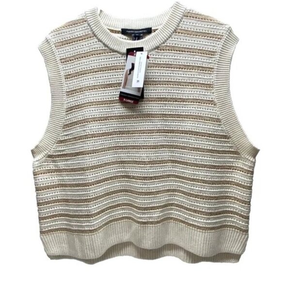French Connection Sleeveless Sweater Women's XL Ivory Gold Stripe Knit Vest NWT - Picture 1 of 7